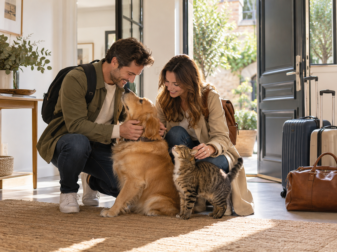 Un couple prêt à partir en vacances caresse son chien et son chat à leur domicile.